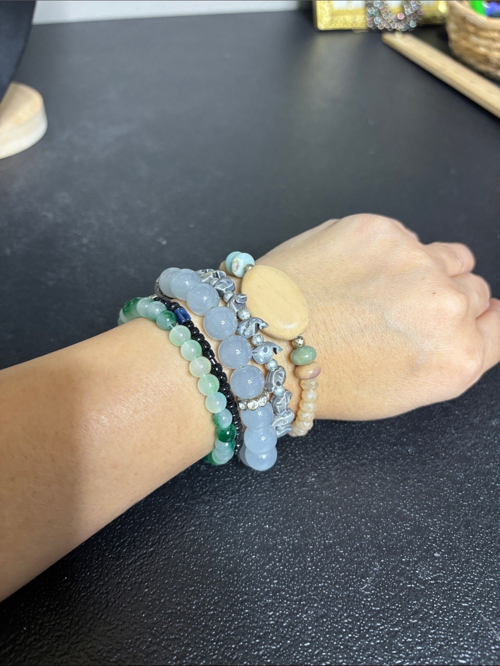 Bundle 5 Handmade Multi-Bead Stackable Bracelet Set Green, Light Blue, Beige